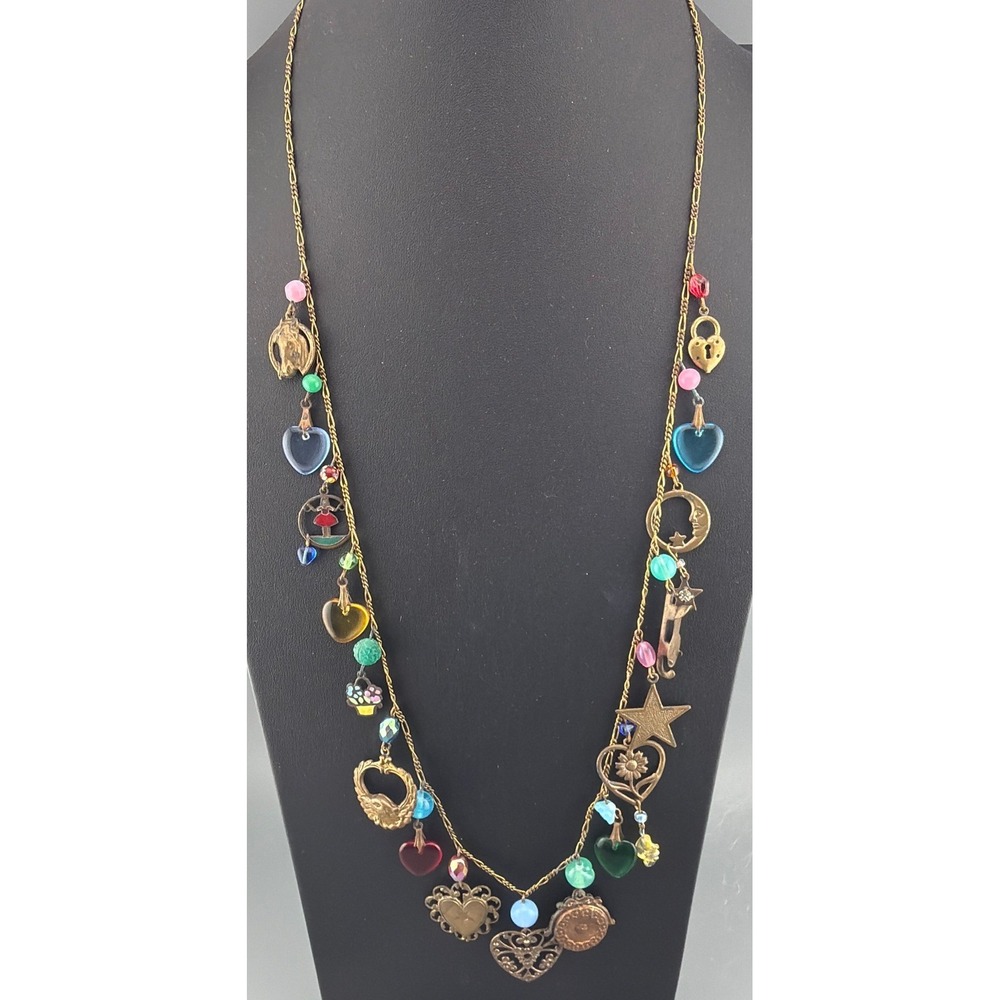 Vintage Glass Works GSW Charm Necklace Glass Hearts Eagle Moon Stars Horse 30"